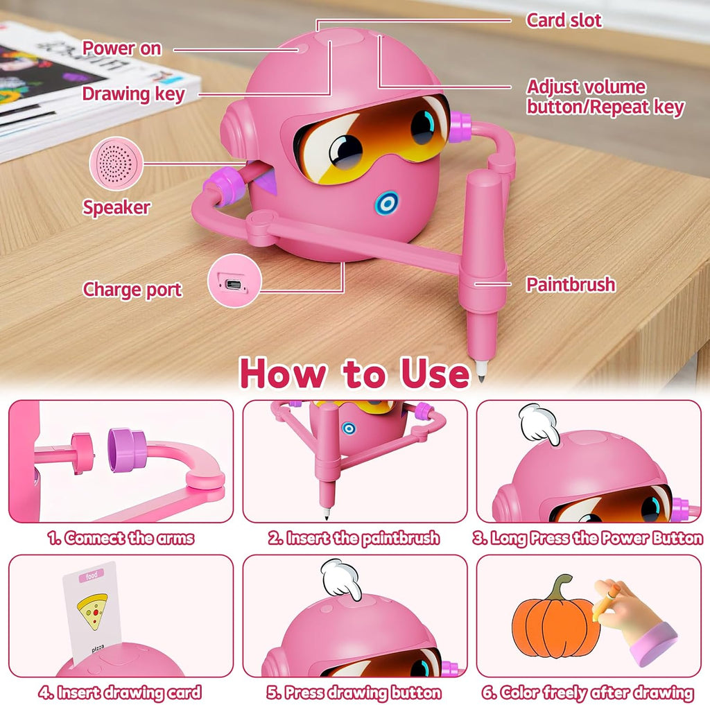 Interactive Drawing Robot Toy for Kids - 100 Word Cards & 12 Color Pens, Educational Fun for 3-8 Year Olds, Perfect Easter Gift (Pink)