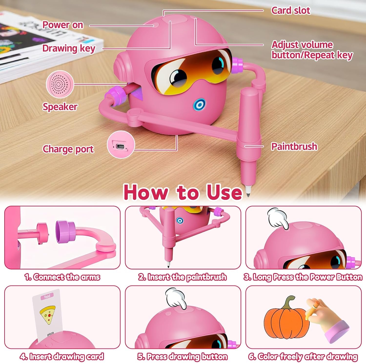 Interactive Drawing Robot Toy for Kids - 100 Word Cards & 12 Color Pens, Educational Fun for 3-8 Year Olds, Perfect Easter Gift (Pink)