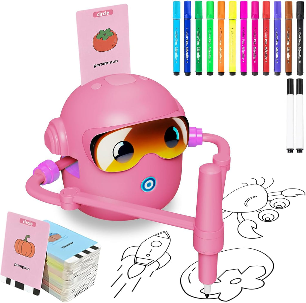 Interactive Drawing Robot Toy for Kids - 100 Word Cards & 12 Color Pens, Educational Fun for 3-8 Year Olds, Perfect Easter Gift (Pink)