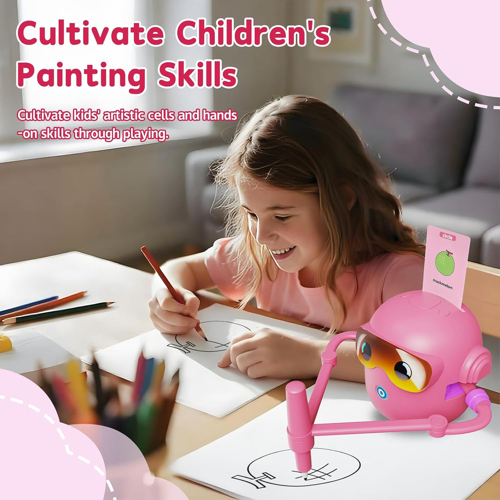 Interactive Drawing Robot Toy for Kids - 100 Word Cards & 12 Color Pens, Educational Fun for 3-8 Year Olds, Perfect Easter Gift (Pink)