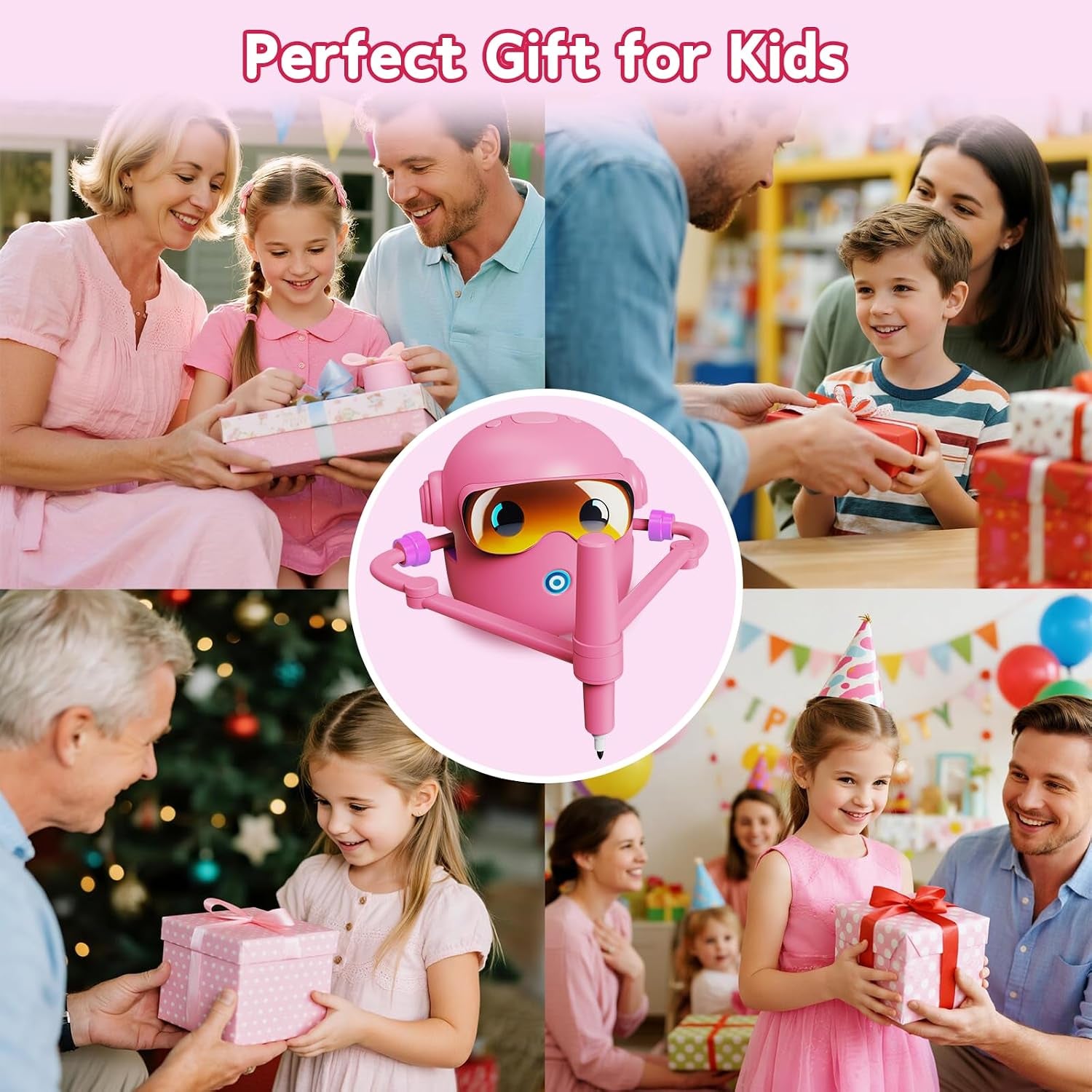 Interactive Drawing Robot Toy for Kids - 100 Word Cards & 12 Color Pens, Educational Fun for 3-8 Year Olds, Perfect Easter Gift (Pink)