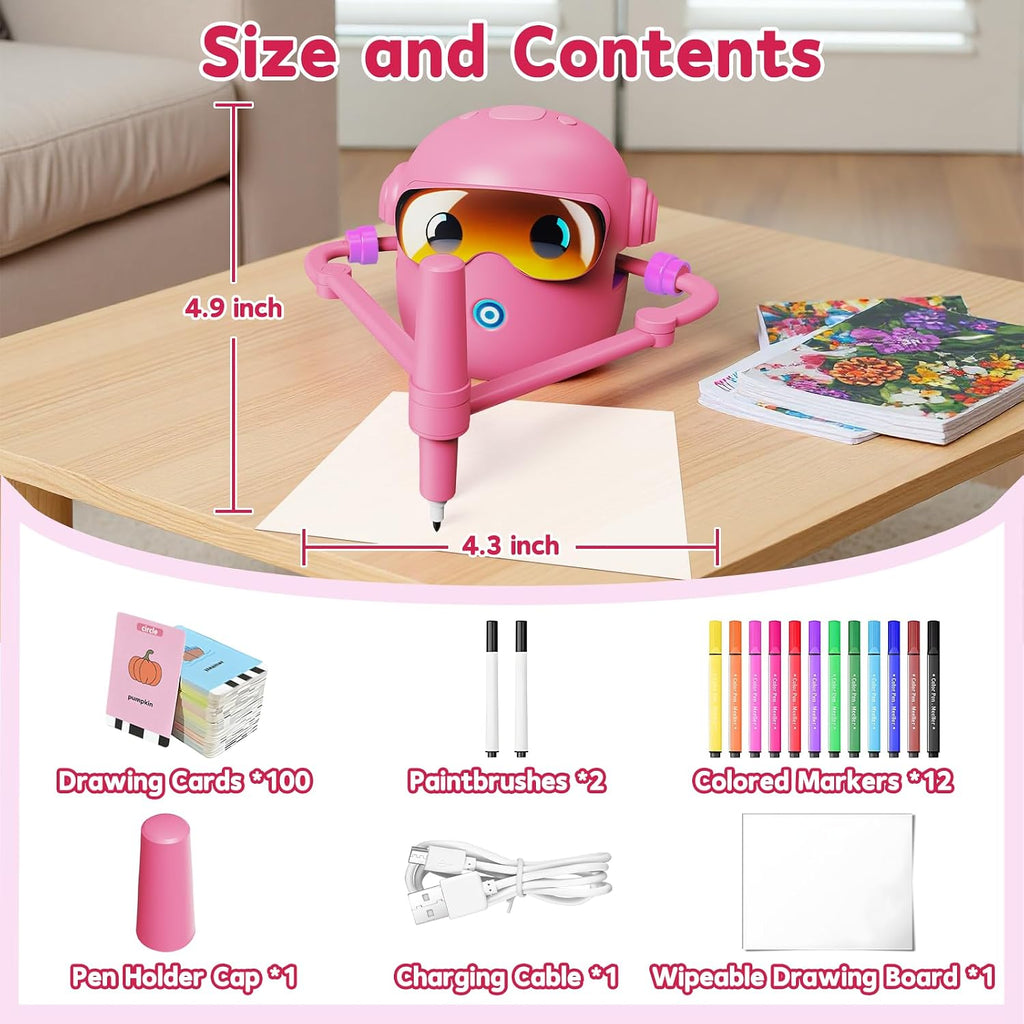 Interactive Drawing Robot Toy for Kids - 100 Word Cards & 12 Color Pens, Educational Fun for 3-8 Year Olds, Perfect Easter Gift (Pink)