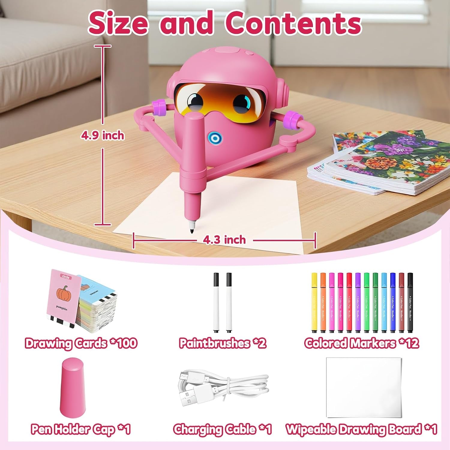 Interactive Drawing Robot Toy for Kids - 100 Word Cards & 12 Color Pens, Educational Fun for 3-8 Year Olds, Perfect Easter Gift (Pink)